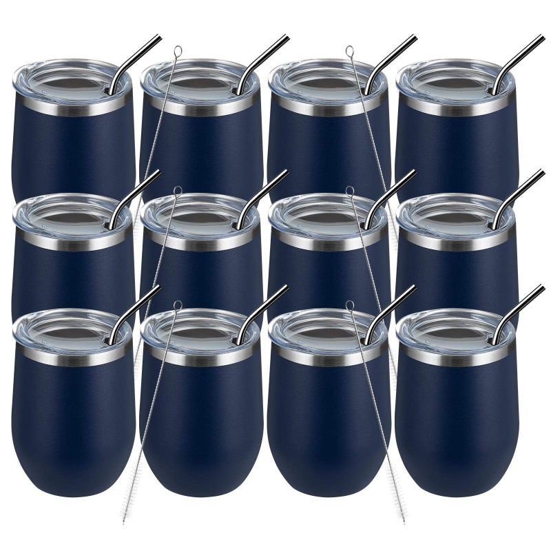 MEWAY 12oz/12 Pack Wine Tumbler Glasses with Lid -Double Wall Vacuum Stainless Steel Travel Tumbler Mug,Stemless Insulated Wine Cup for,Coffee,Cocktails,Gifts (Navy,Set of 12) - Image 1